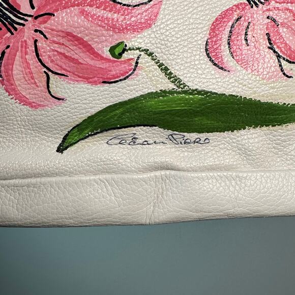 Vintage Cecconi Piero Leather Hand Painted Floral White Pebble Shoulder Bag - Picture 5 of 14